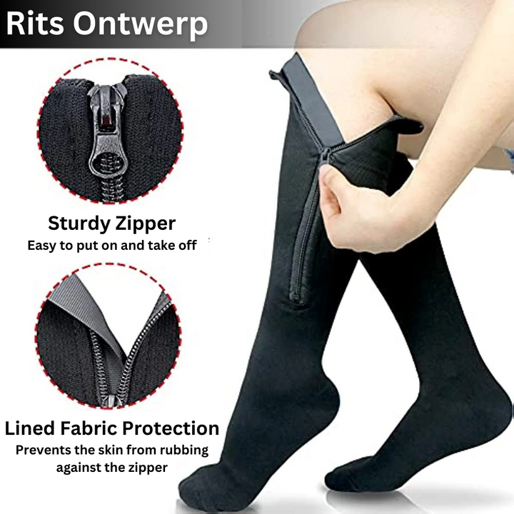 Ademende unisex compressiekousen met rits voor optimaal comfort, gezondheidszorg en preventie van vermoeide benen.