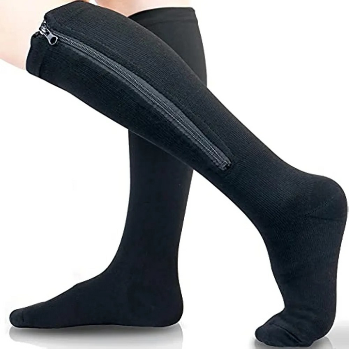 Unisex compressiekousen met handige rits, voor betere bloedsomloop en verminderde zwelling in de benen.