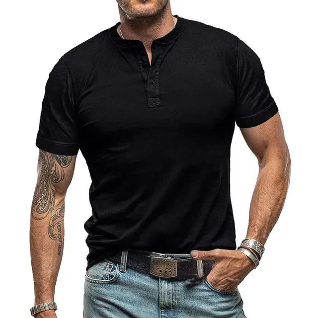 Zomers heren henley T-shirt met korte mouwen, comfortabel en ademend voor vrijetijd.