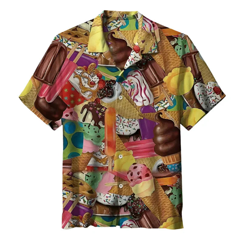Man draagt Luca zomers herenoverhemd met ijsjesprint. Perfecte casual korte mouwen herenkleding voor warme dagen.
