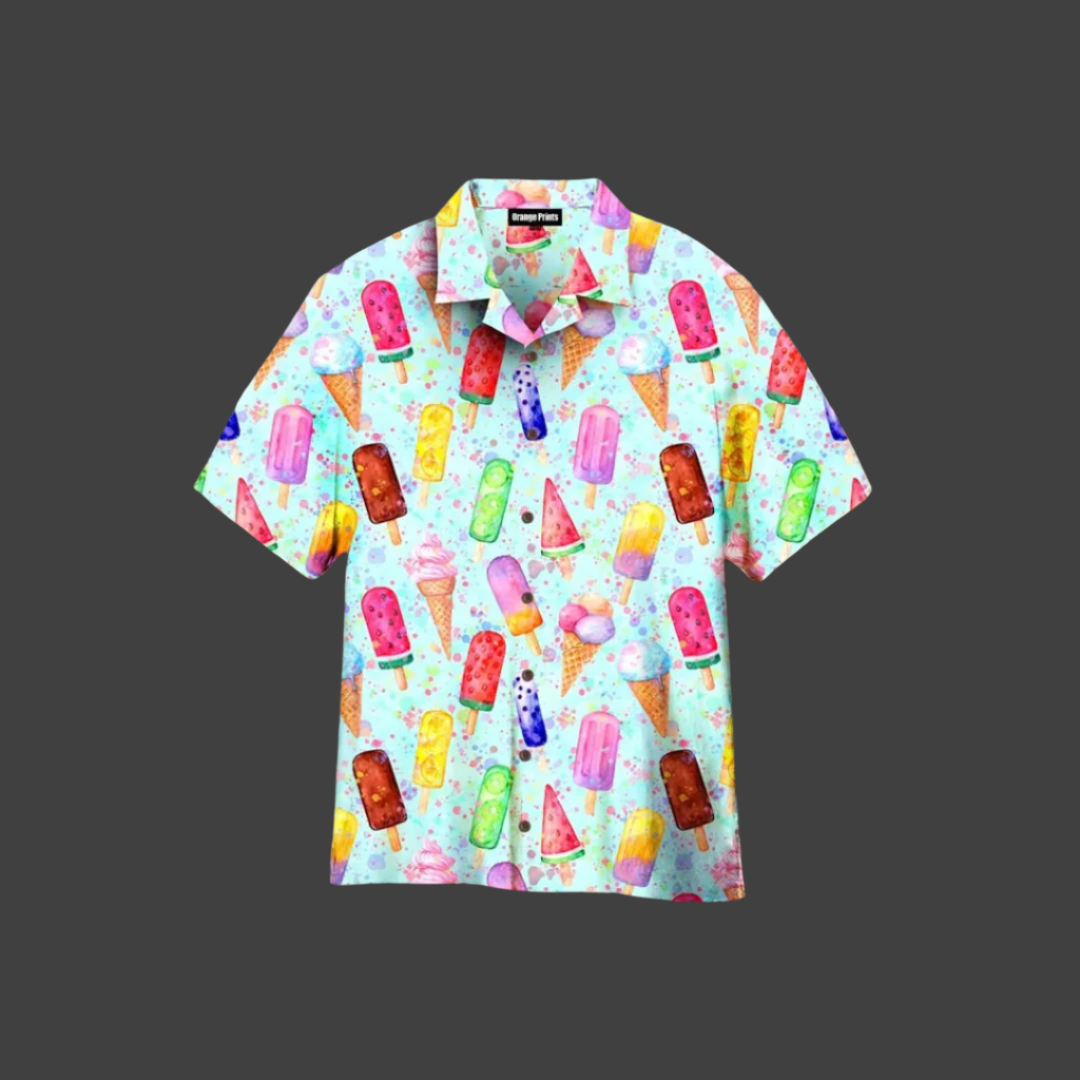 Luca overhemd met ijsjesprint plat gelegd. Comfortabel, modieus herenoverhemd met korte mouwen voor een zomerse trend.