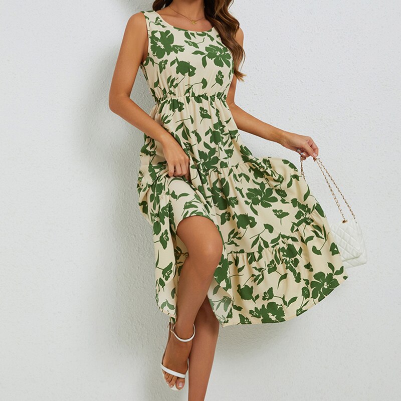 Vrouwenkleding: Fenna midi-jurk met bloemenprint, een comfortabele en modieuze dames zomerjurk.