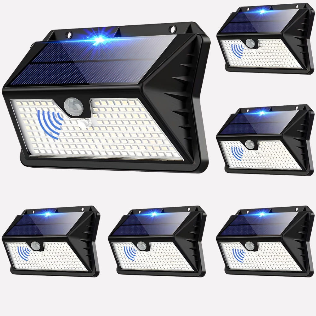 Zonne-energie buitenlamp met bewegingssensor voor tuin en terras, energiezuinige LED verlichting.