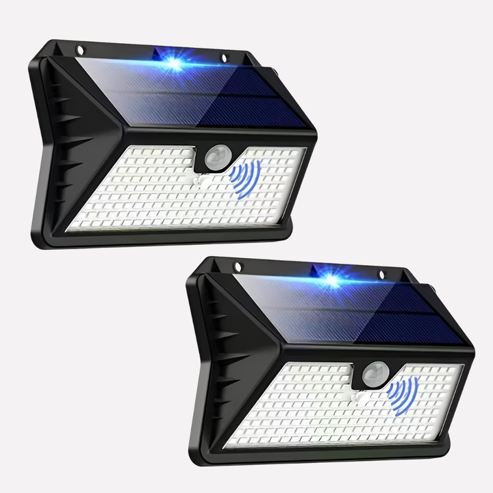 Energiezuinige LED buitenlamp op zonne-energie met koel wit licht en bewegingssensor. Eenvoudige installatie.