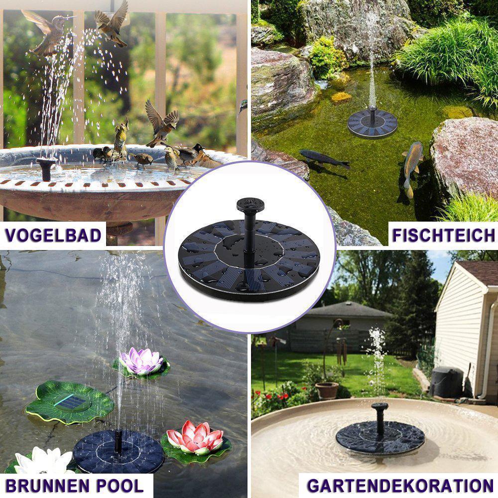 Compacte zonne-energie fontein met diverse sproeikoppen, ideaal voor vogelbaden.