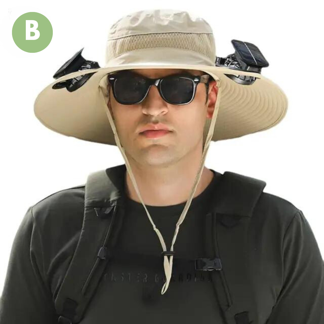 Innovatieve ventilatorhoed met zonne-energie voor continue verkoeling, unisex model.