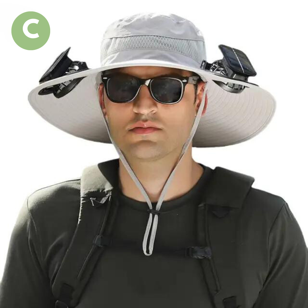 Ultieme verkoeling met deze outdoor zonnehoed, inclusief geïntegreerde ventilator.