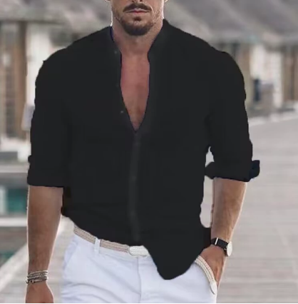 Zwart casual heren overhemd met lange mouwen en knoopsluiting, perfect voor een stijlvolle look.