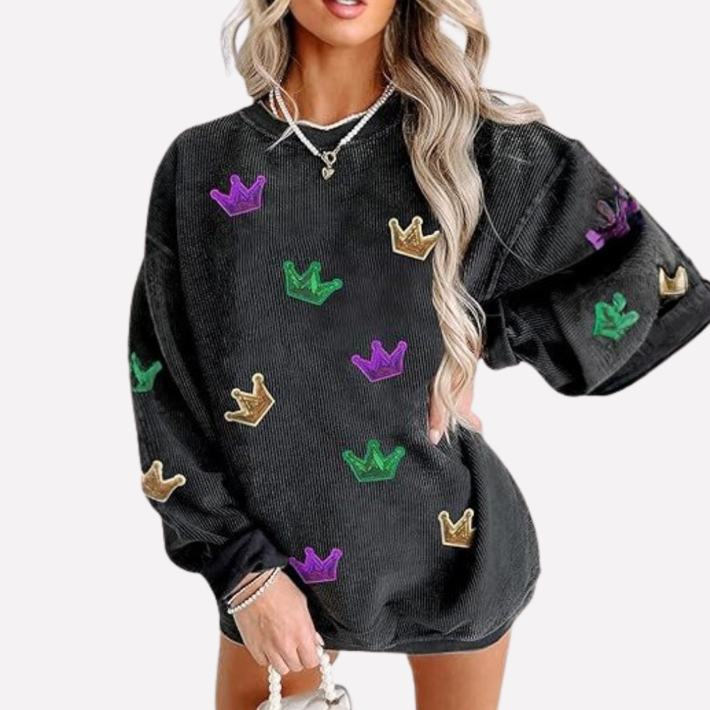 Dames oversized sweatshirt met subtiele grafische print, comfortabele crewneck trui voor casual wintermode.