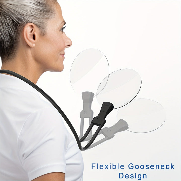 Persoon gebruikt handsfree vergrootglas met nekband voor lezen, zwart design met 5x vergroting voor beter zicht.