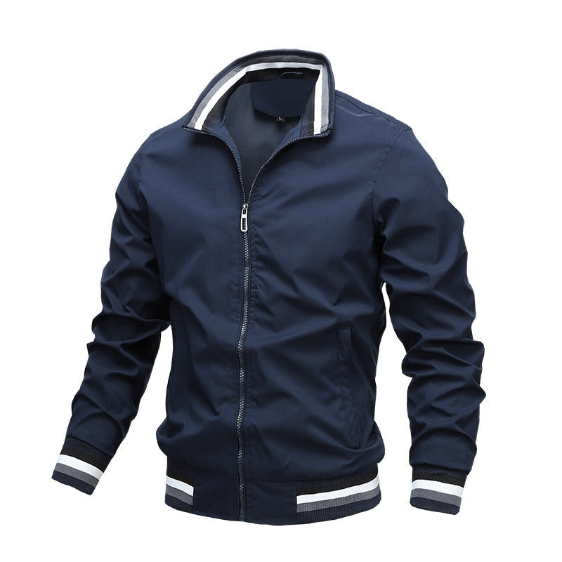 Casual heren bomberjack; veelzijdig jack met opstaande kraag, ideaal voor dagelijks gebruik. Zwart, wit, marineblauw.