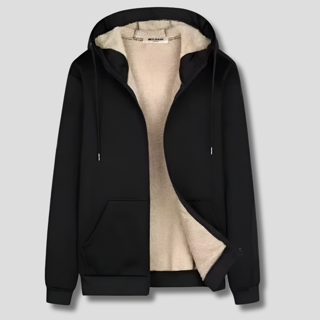 Zwart heren fleece vest met zachte bontvoering. Warm en comfortabel voor winterse outdoor kleding.