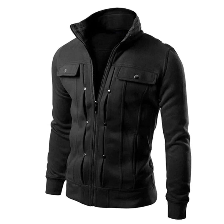 Zwart heren zip-up jack met staande kraag, comfortabel en sportief voor elke dag.