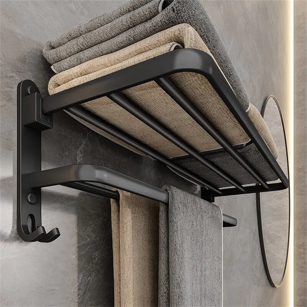 Zwart, opvouwbaar aluminium handdoekenrek voor de badkamer; roestvrij en ruimtebesparend wandrek, ideaal voor douche/toilet.