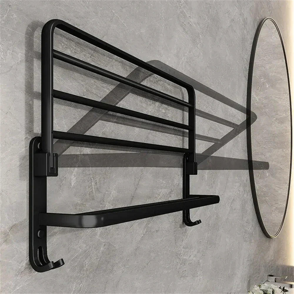 Wandgemonteerd opvouwbaar handdoekenrek in zwart aluminium, roestvrij en ruimtebesparend. Handig badkameraccessoire voor elke douche.