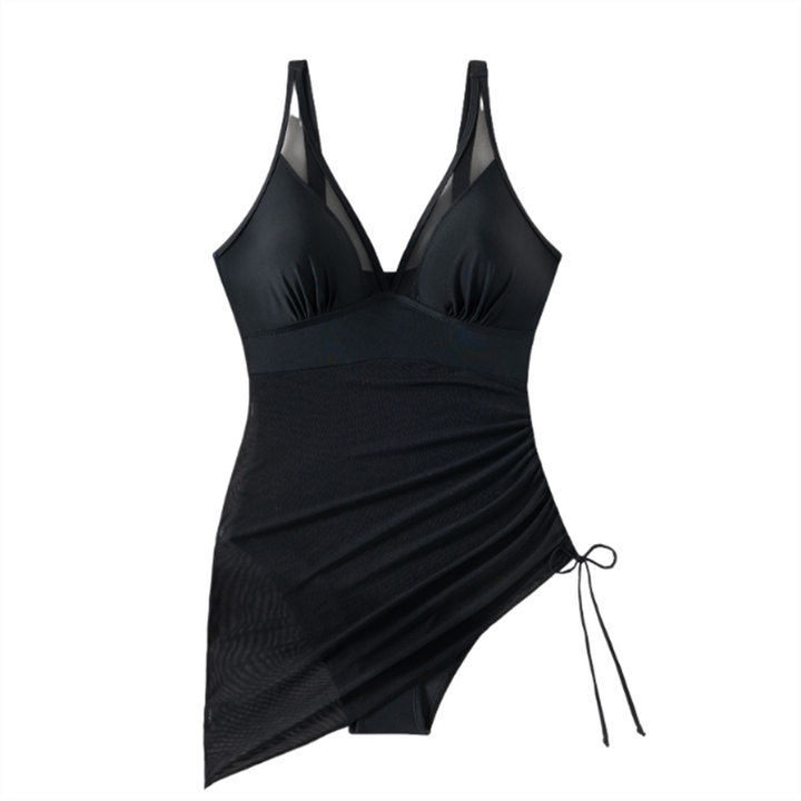 Zwarte badpakjurk Melina, met mesh en wikkelstijl, ideaal voor strand en zwembad. Vormgevend.