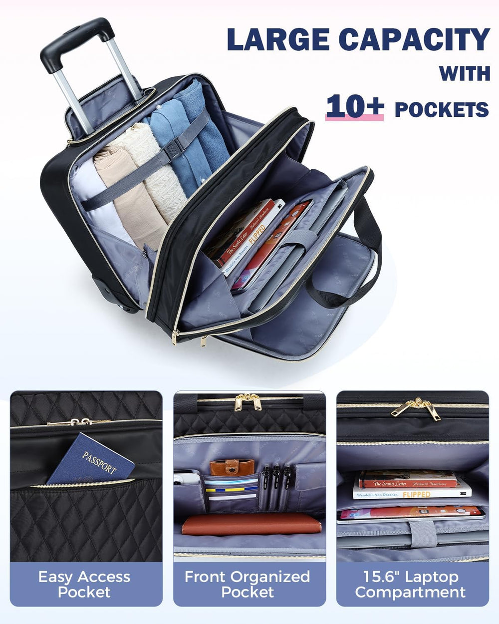 Ruime 15.6 inch laptop trolley met meerdere compartimenten voor laptop, accessoires en documenten, perfect voor werk.
