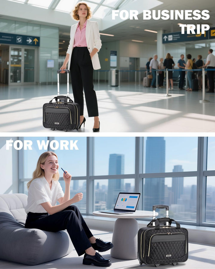 Veelzijdige 15.6 inch laptop reistas met wielen, functioneert als handbagage, werktas en trolley voor onderweg.