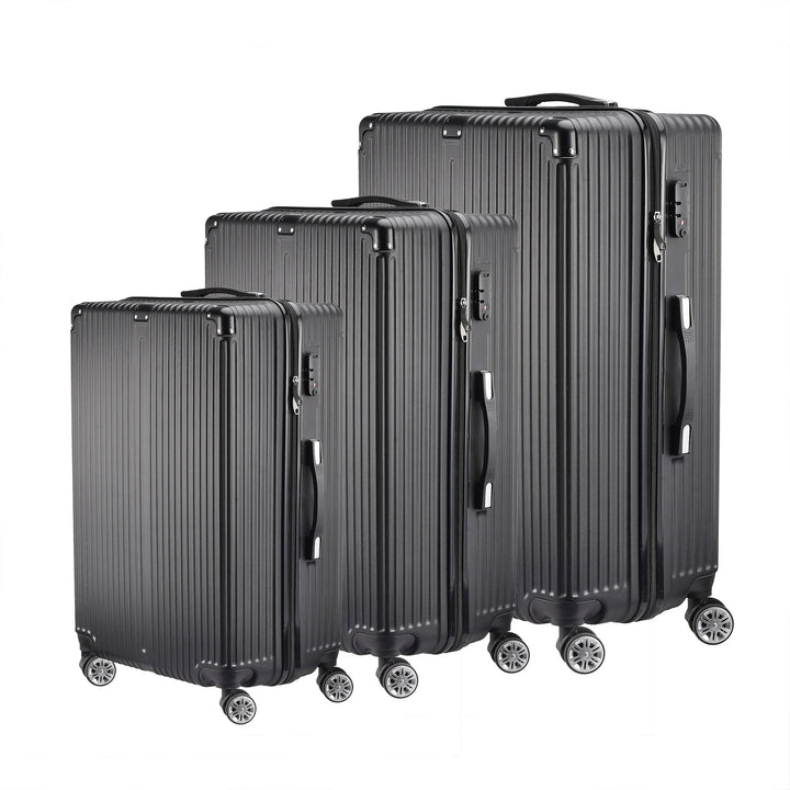 Zwarte 3-delige hardshell kofferset Zurich Explorer voor stijlvol reizen en vakanties. Stevige ABS bagage trolleys.