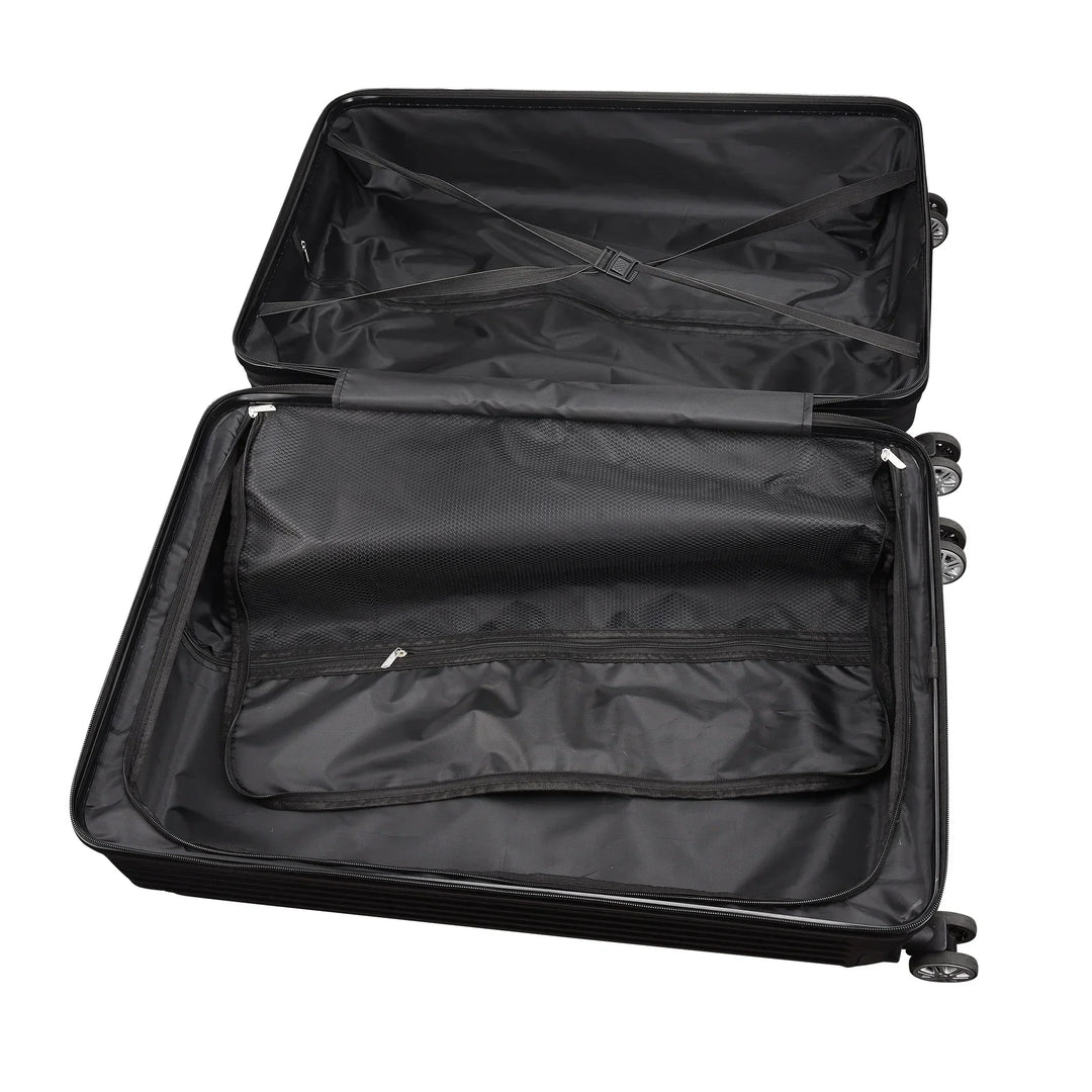 Zurich Explorer 3-delige zwarte hardshell kofferset, robuuste ABS reiskoffers voor zorgeloze reizen en vakanties.