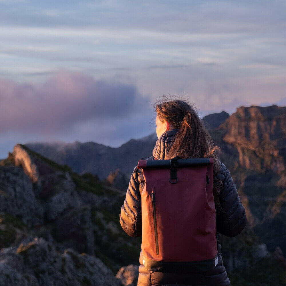 Waterdichte fietstas met rolltop sluiting, beschermt je laptop en spullen tijdens pendelen.