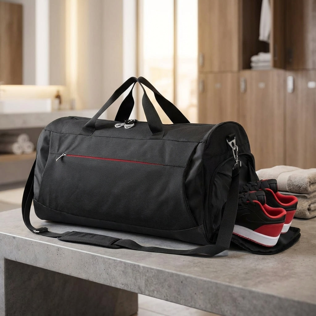 Zwarte 45L DufflePro sporttas/reistas met waterdicht materiaal, apart schoenenvak en georganiseerde compartimenten.