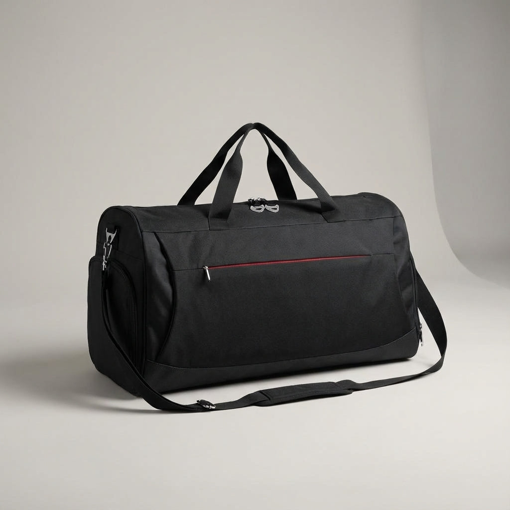 Unisex 45 liter gymtas & weekendtas, zwart, met verstelbare schouderband voor comfortabel dragen op reis.