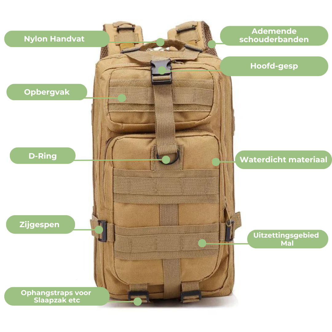 Unisex 50L waterdichte backpack, geschikt voor wandelen, kamperen, reizen en tactische outdoor activiteiten.