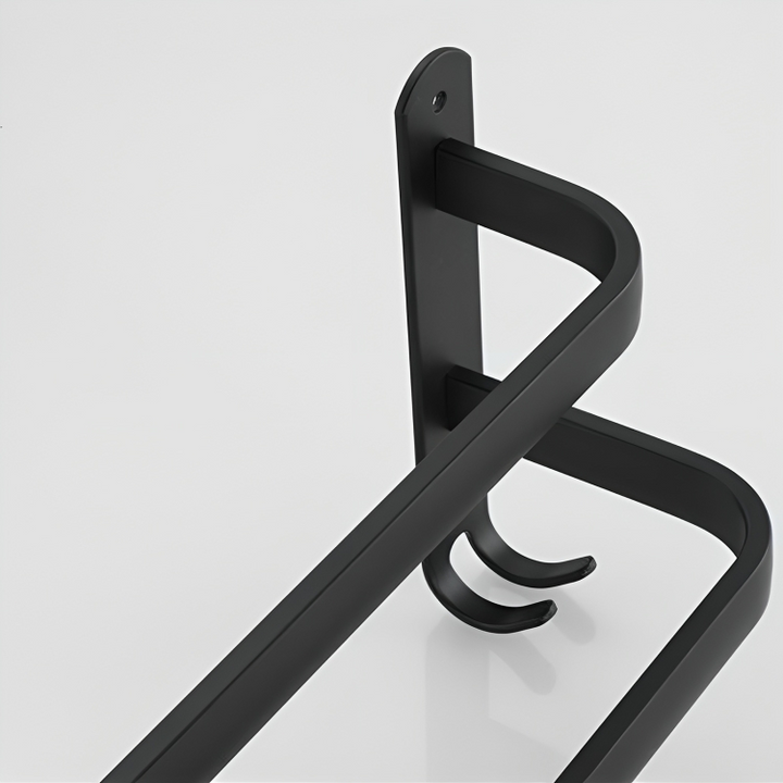 Design handdoekrek zwart aluminium, praktisch wandrek met haken voor handdoeken en meer.