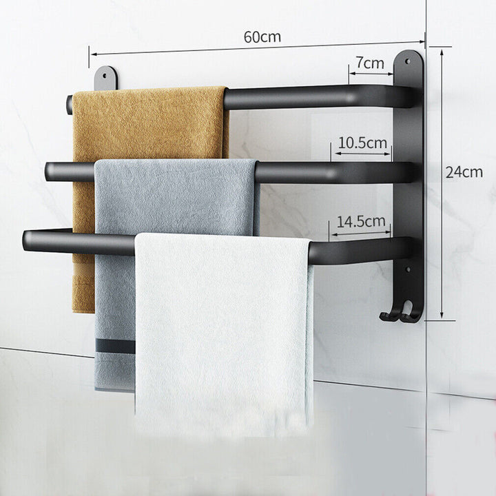 Wandgemonteerde handdoekhouder zwart van aluminium, organiseert je badkamer elegant.