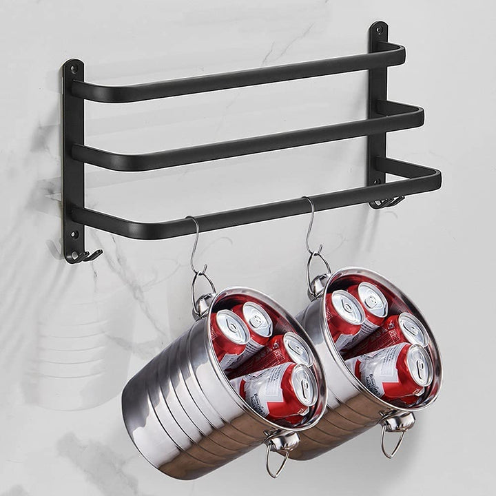Badkamer handdoekrek met haken, snelle wandmontage, duurzaam zwart aluminium design.