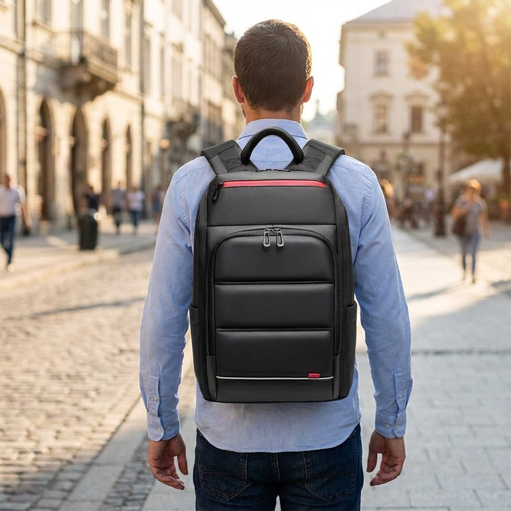 Zwarte anti-diefstal laptoprugzak SecureVoy met USB oplaadpoort, ideaal voor studenten en pendelaars.