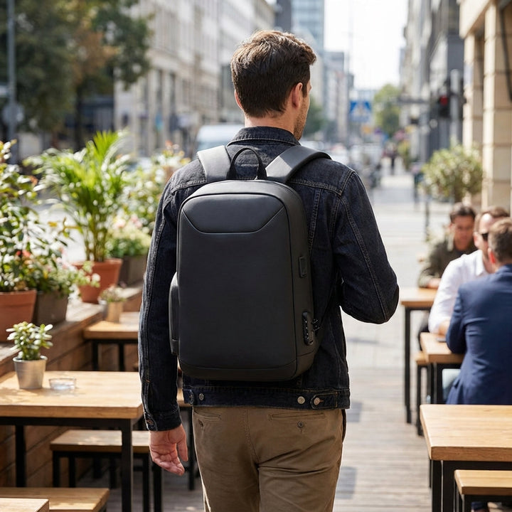 Zwarte anti-diefstal zakelijke rugzak met USB-oplaadpoort voor laptop. Ideaal voor pendelen en reizen.