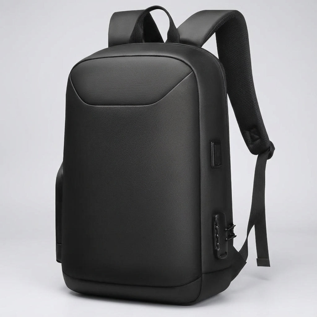 Veilige zwarte zakelijke laptoprugzak met anti-diefstal design en slimme organisatie. Perfect voor professionals.