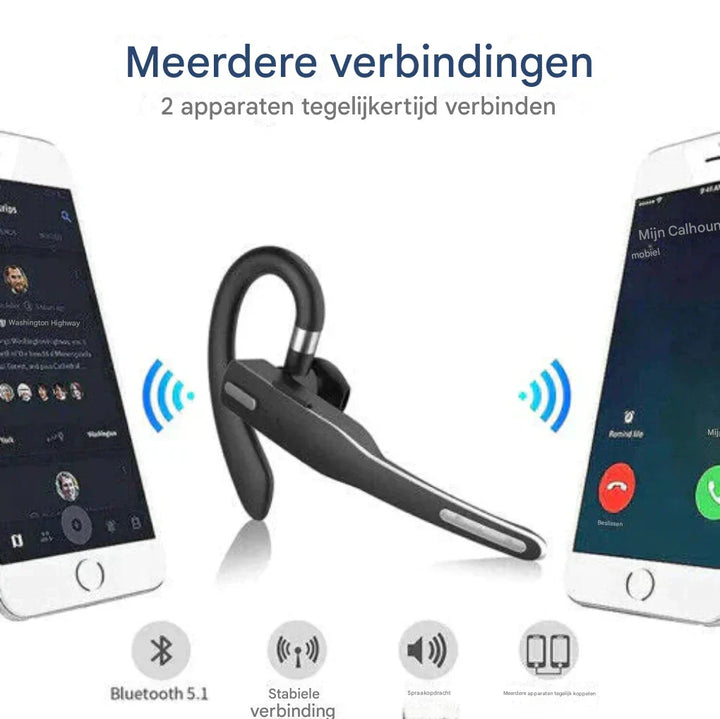 Man gebruikt draadloze Bluetooth headset met noise cancelling en dubbele microfoon voor conference calls in thuiskantoor.