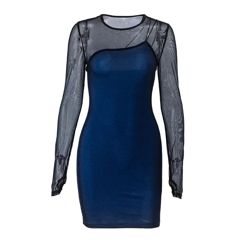 Zwarte bodycon mini jurk met gaas patchwork, lange mouwen, elegante en sexy uitstraling voor damesavondje uit.
