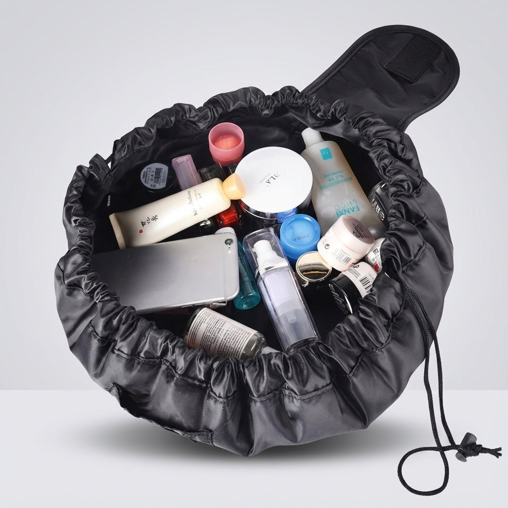 Draagbare trekkoord cosmetica organizer voor reizen, houdt make-up geordend. Perfect voor vrouwen en badkamer organisatie.