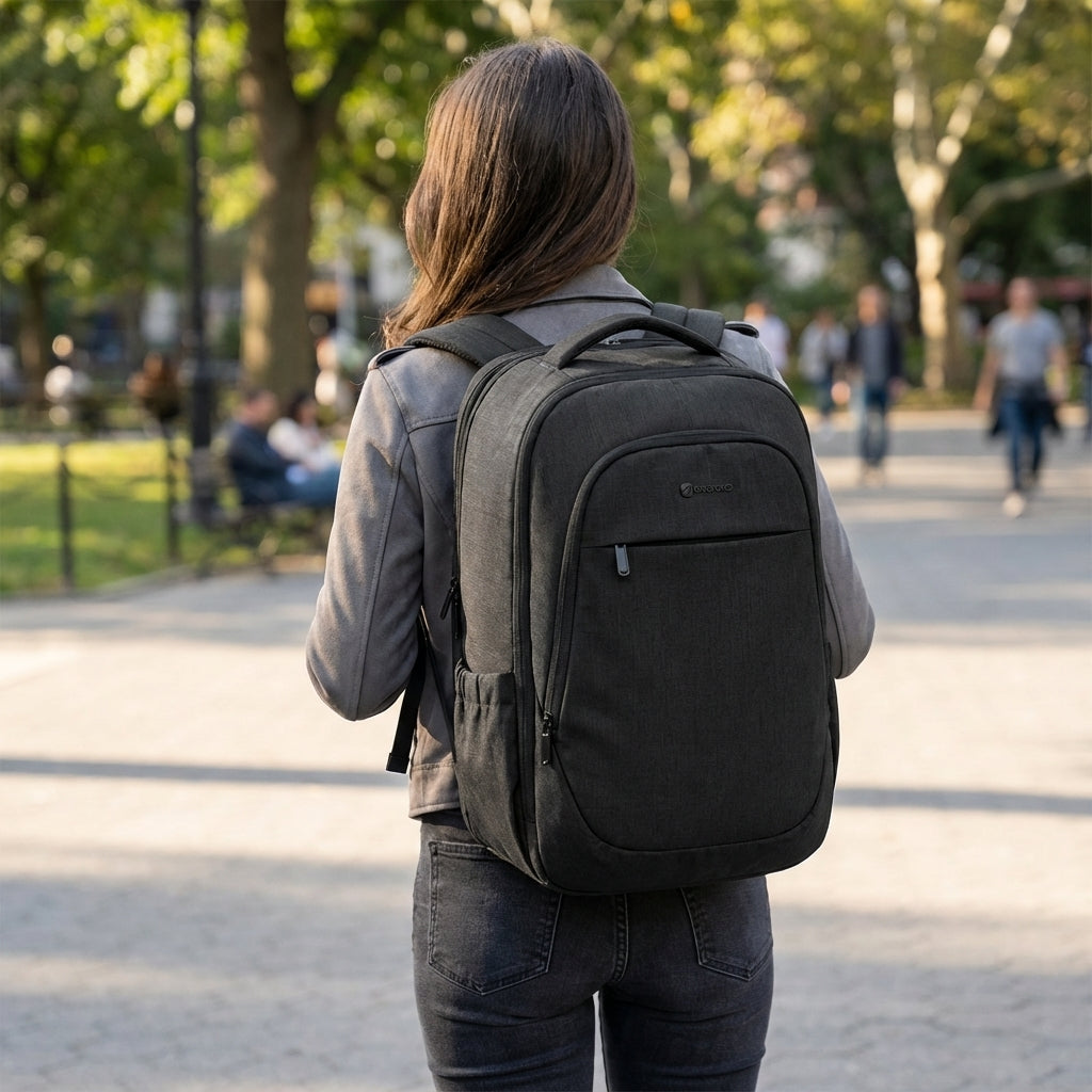 Zwarte ChargeTrail uitbreidbare unisex reis- en schoolrugzak met USB-poort, ideaal voor laptop en dagelijks gebruik.