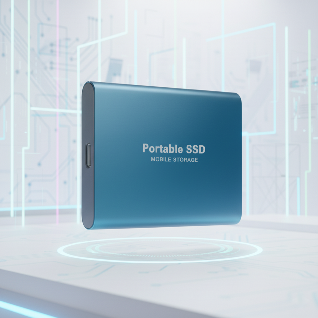 Zwarte, slanke externe SSD op een bureau, klaar voor snelle data-overdracht en backup.