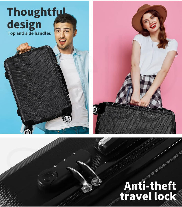 Handige zwarte handbagage koffer, perfect voor vliegreizen, met 360° spinnerwielen.