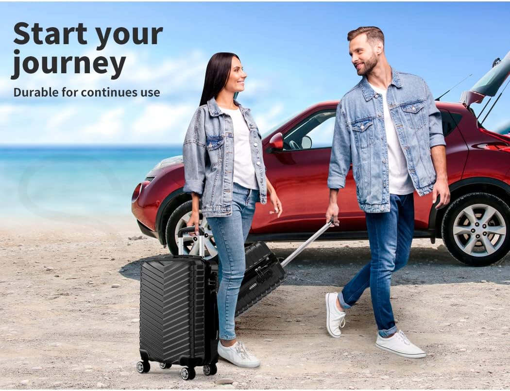 Zwarte compacte carry-on koffer, geschikt voor vliegtuigcabine met 360° spinnerwielen.