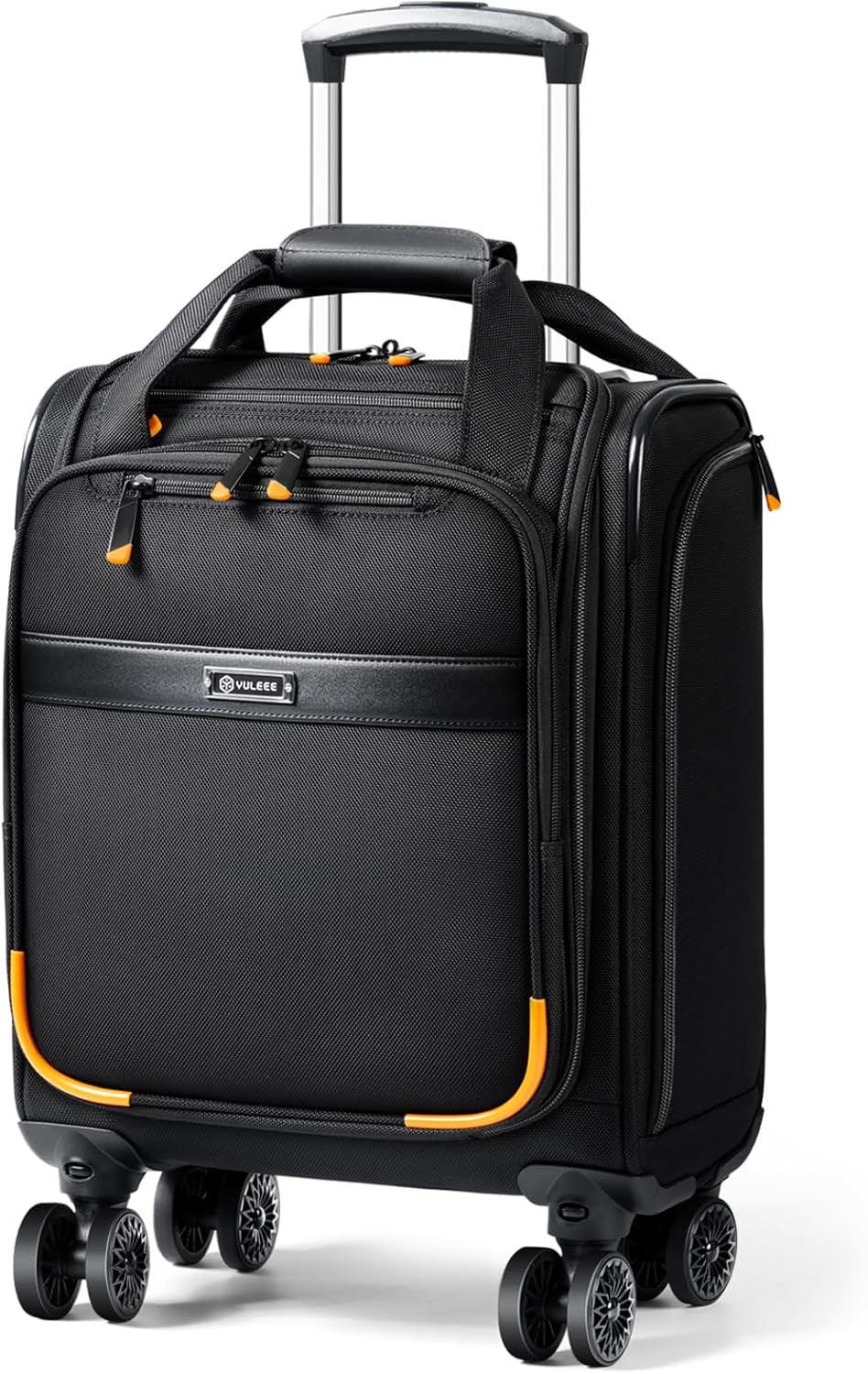 Zwarte compacte handbagage trolley met spinnerwielen en laptopvak, ideaal voor onder de stoel.