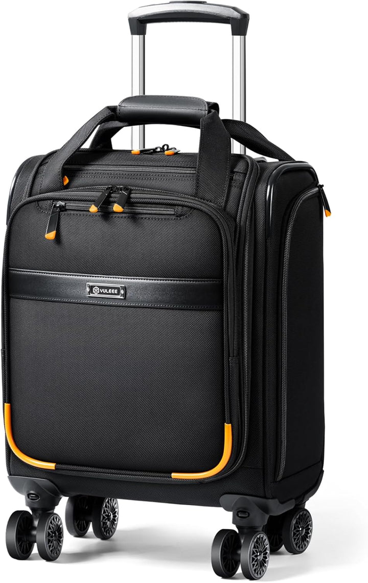 Zwarte compacte handbagage trolley met spinnerwielen en laptopvak, ideaal voor onder de stoel.