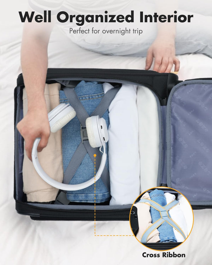 Handbagage trolley met spinnerwielen, laptopvak en onderstoel design, alles in één compacte reispartner.