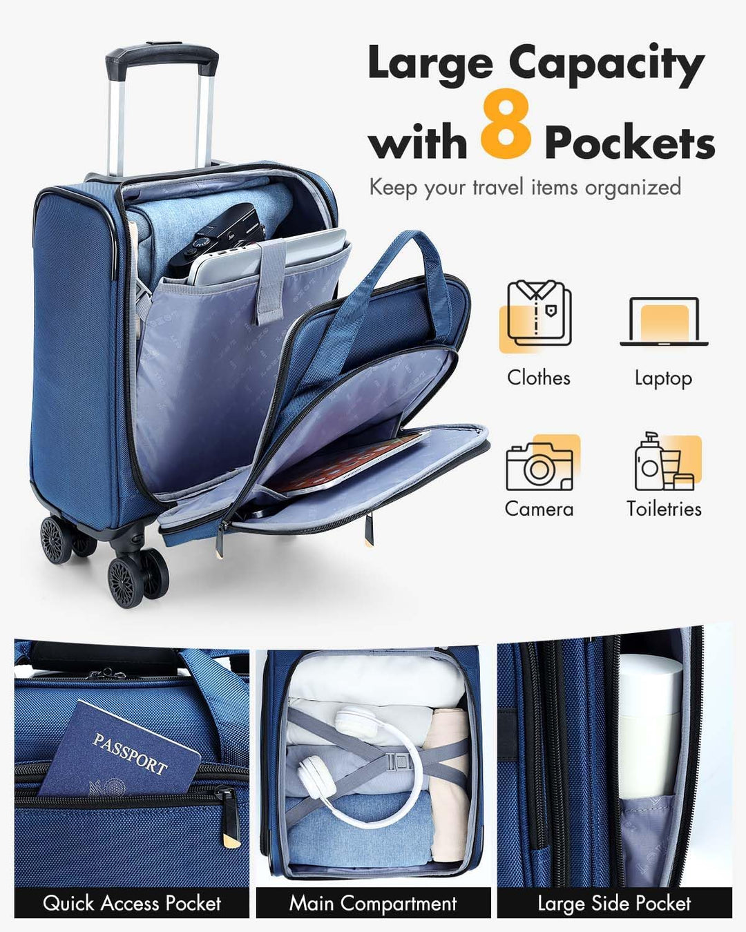Handbagage reistrolley met gevoerd laptopvak, perfect voor veilige opslag van je laptop onderweg.