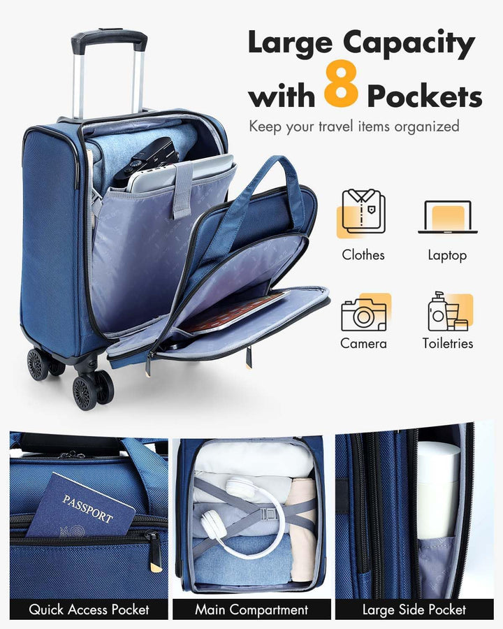 Handbagage reistrolley met gevoerd laptopvak, perfect voor veilige opslag van je laptop onderweg.