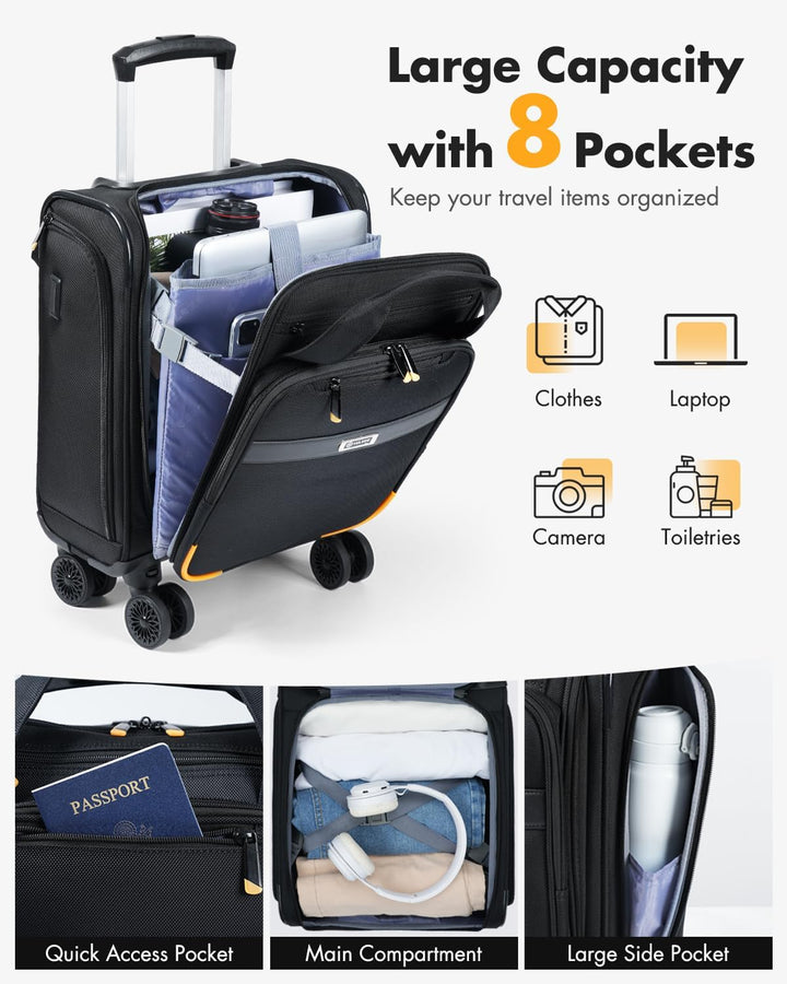 Stijlvolle zwarte handbagage trolley met spinnerwielen, compact en georganiseerd voor moderne reizigers.
