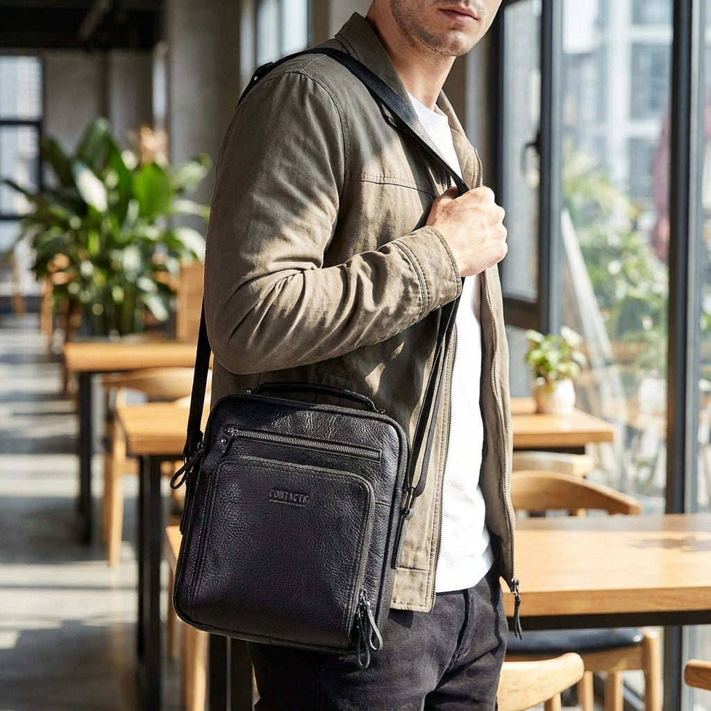 Zwarte compacte leren messenger tas EnduraBag voor heren, duurzaam en stijlvol voor dagelijks gebruik.