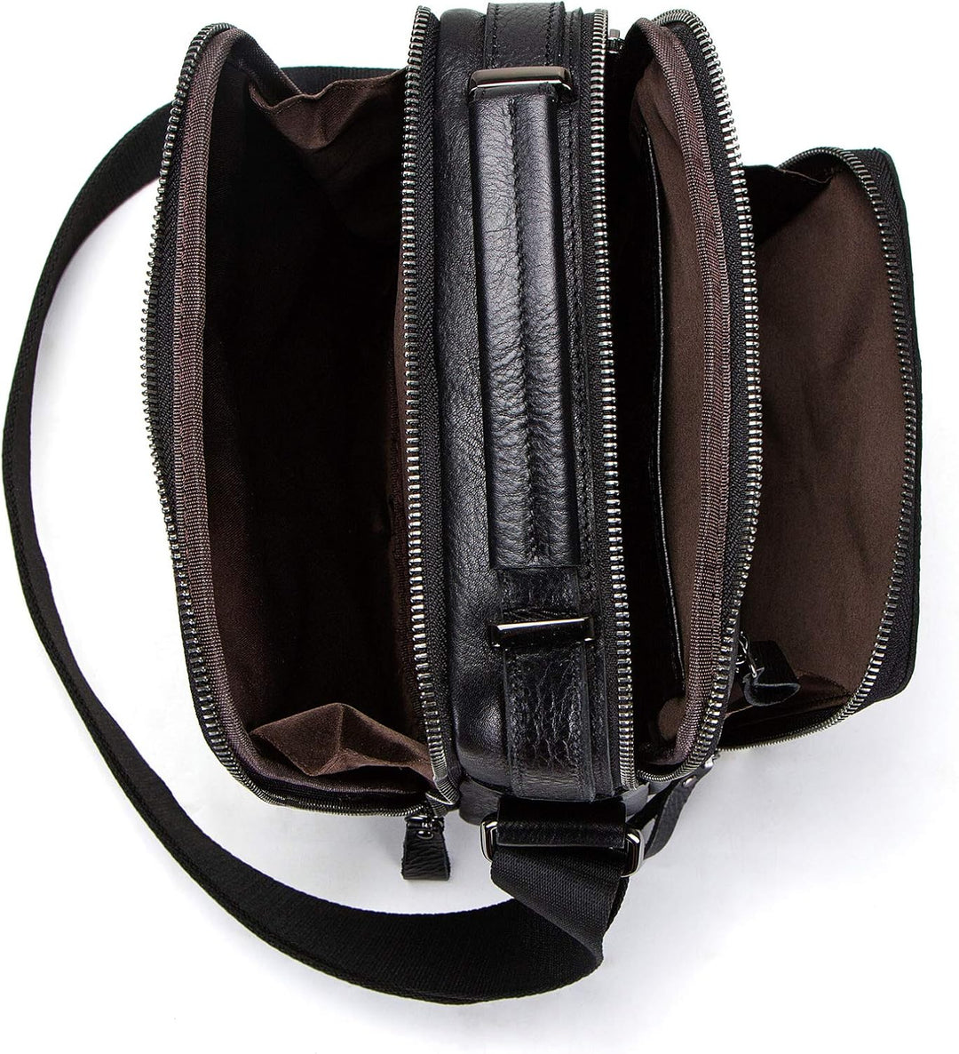 Stijlvolle zwarte leren messenger tas heren, veelzijdig als schoudertas of crossbody voor onderweg.