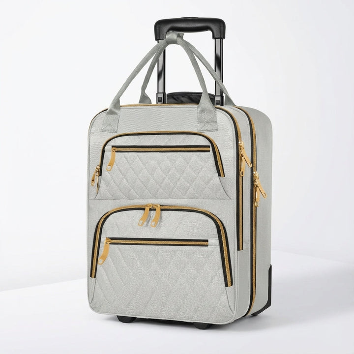 Handige SwiftSeat reistrolley met wieltjes, compact formaat past onder stoel, perfect voor handbagage.